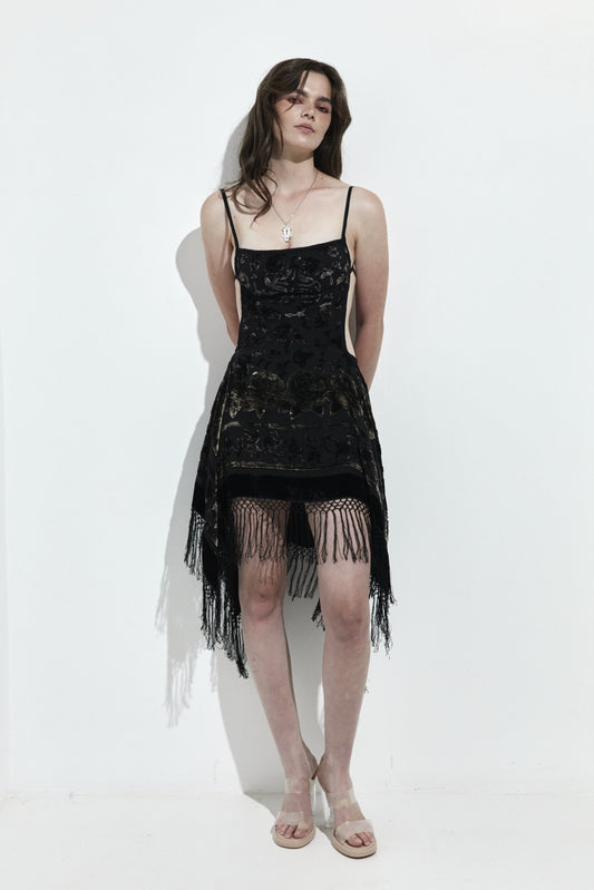 Odyssey Dress - Velvet devore with tassel in black